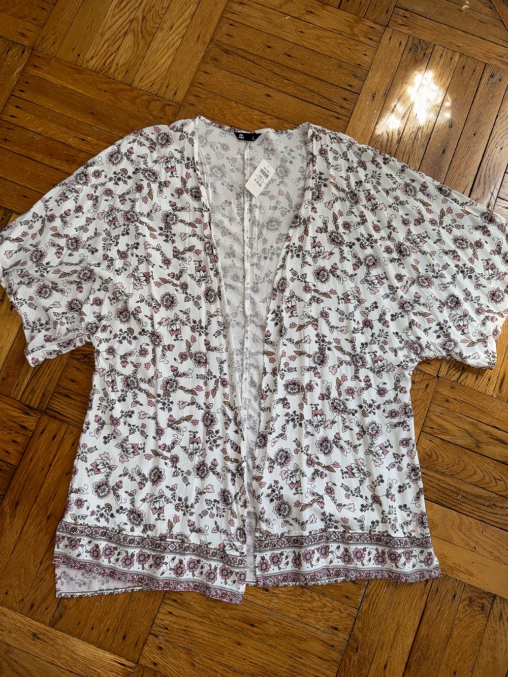 Lightweight Floral Open-Front Tunic Kimono - White with Mauve Print